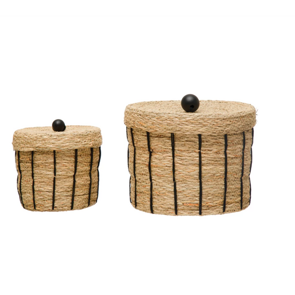 Hand-Woven Seagrass Baskets w/ Lids, Natural &amp; Black