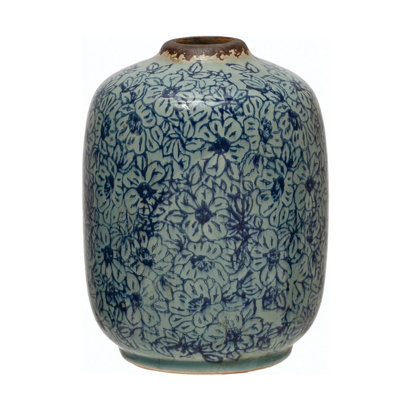 Terra-cotta Vase with Floral Pattern, Distressed Blue
