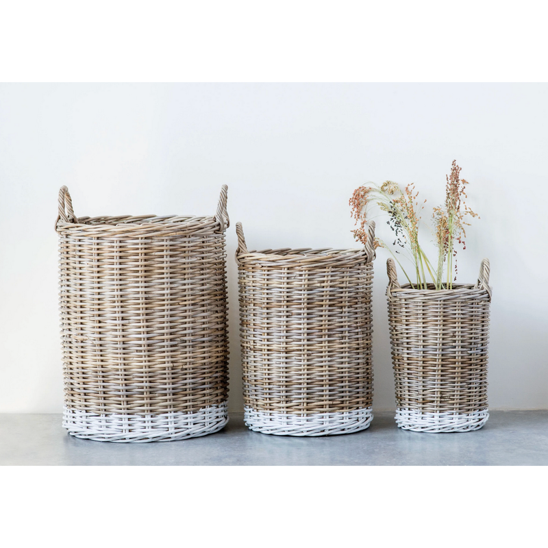 Natural Rattan Baskets w/ Handles, Dipped White