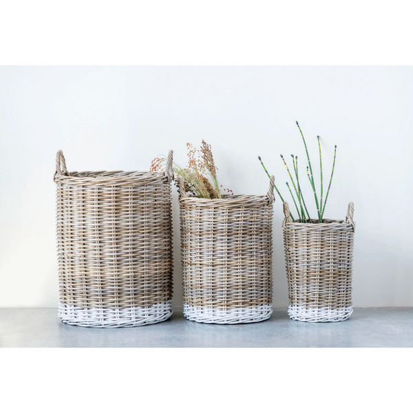 Natural Rattan Baskets w/ Handles, Dipped White