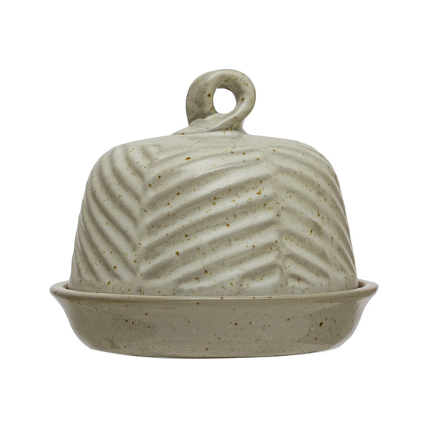 Embossed Stoneware Domed Dish with Handle