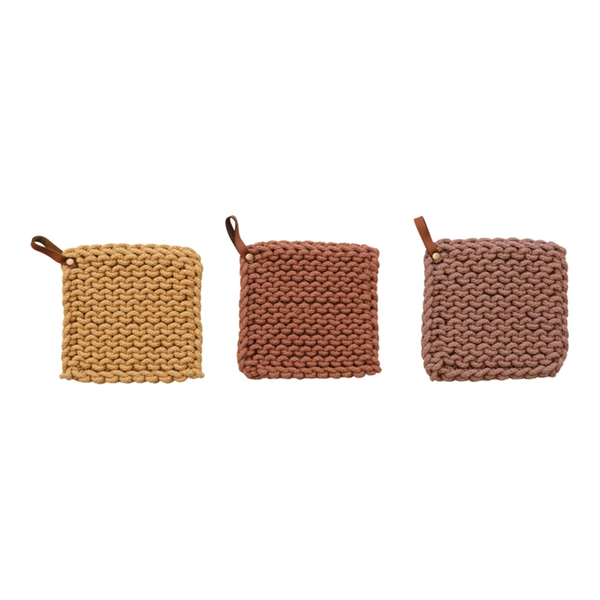 Cotton Crocheted Pot Holder w/ Leather Loop, 3 Colors