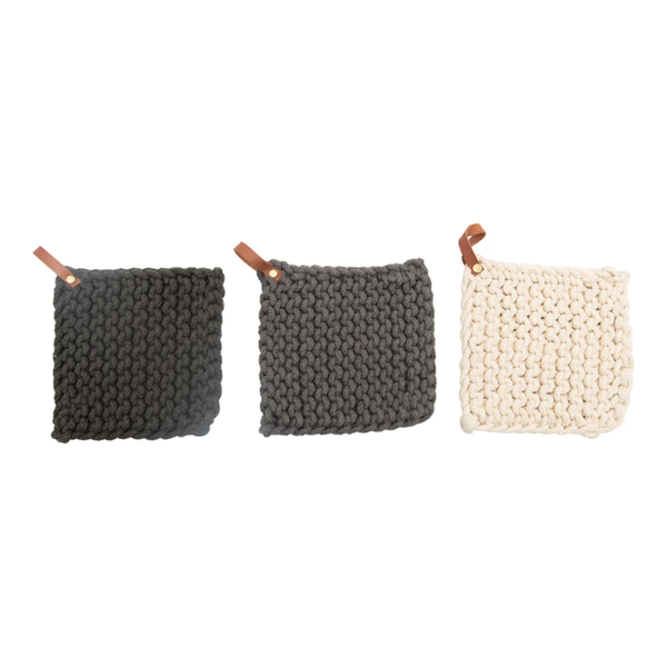 Crocheted Pot Holder with Leather Loop, 3 Colors