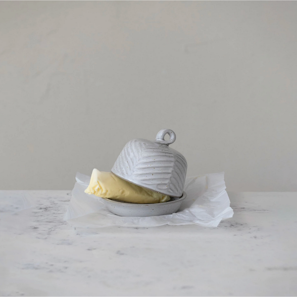 Embossed Stoneware Domed Dish with Handle