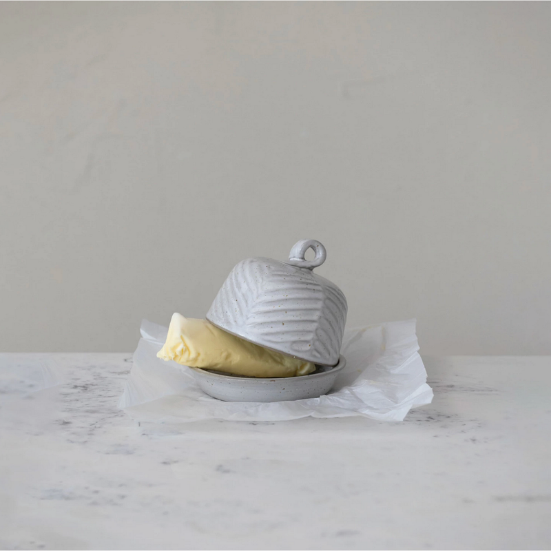 Embossed Stoneware Domed Dish with Handle