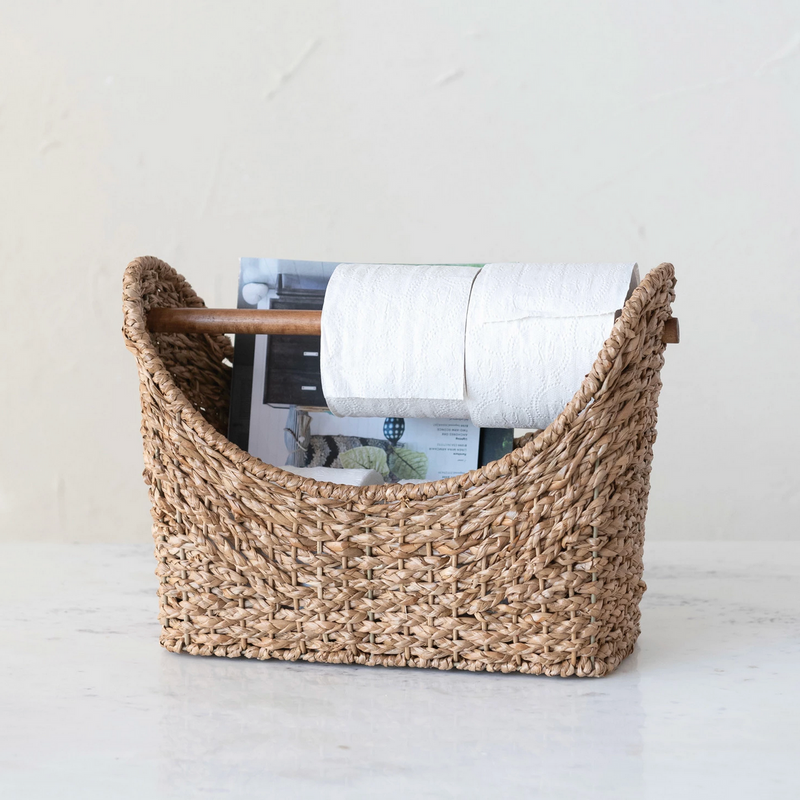 Oval Hand-Woven Bankuan Toilet Paper Basket with Wood Handle