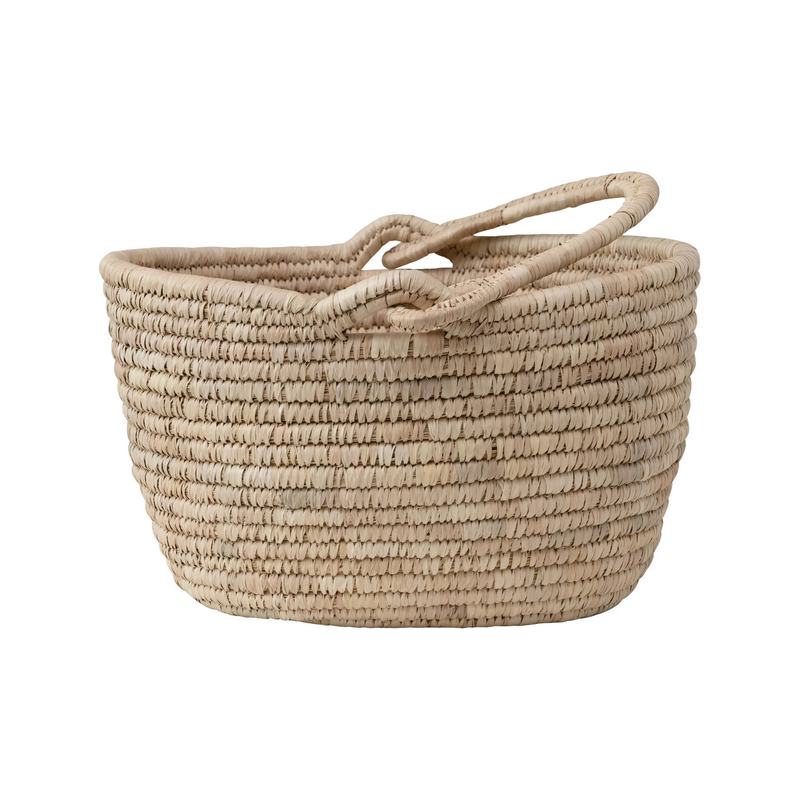 Oval Hand-Woven Grass &amp; Date Leaf Basket with Handle