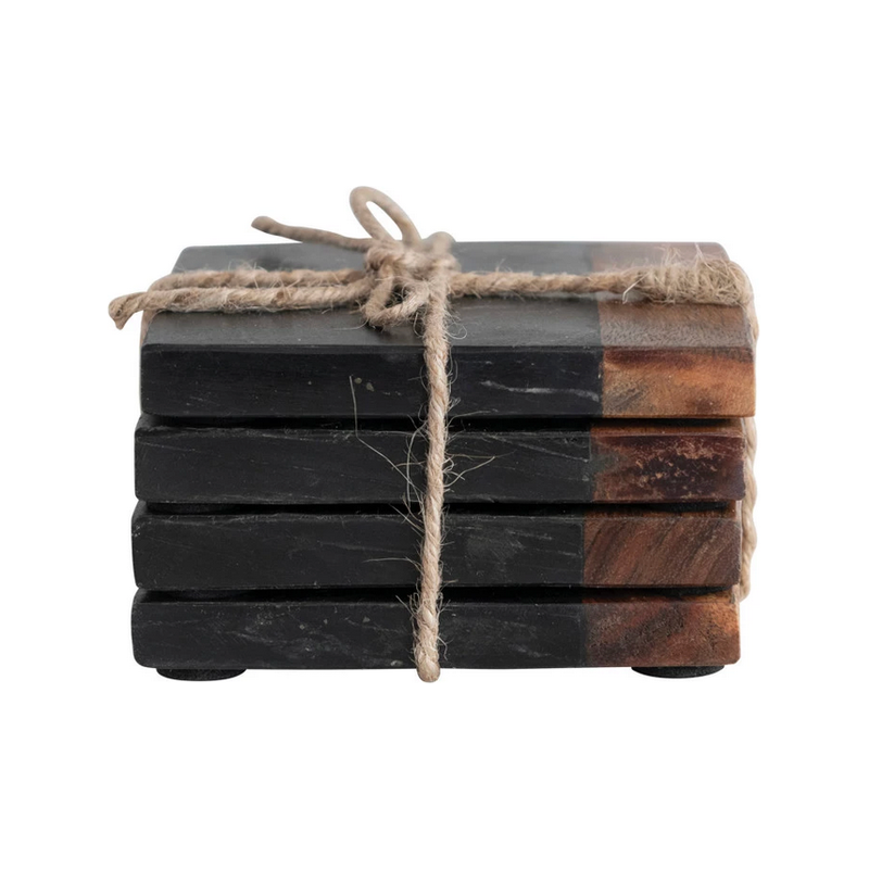 Square Marble &amp; Acacia Wood Coasters in Black &amp; Natural.