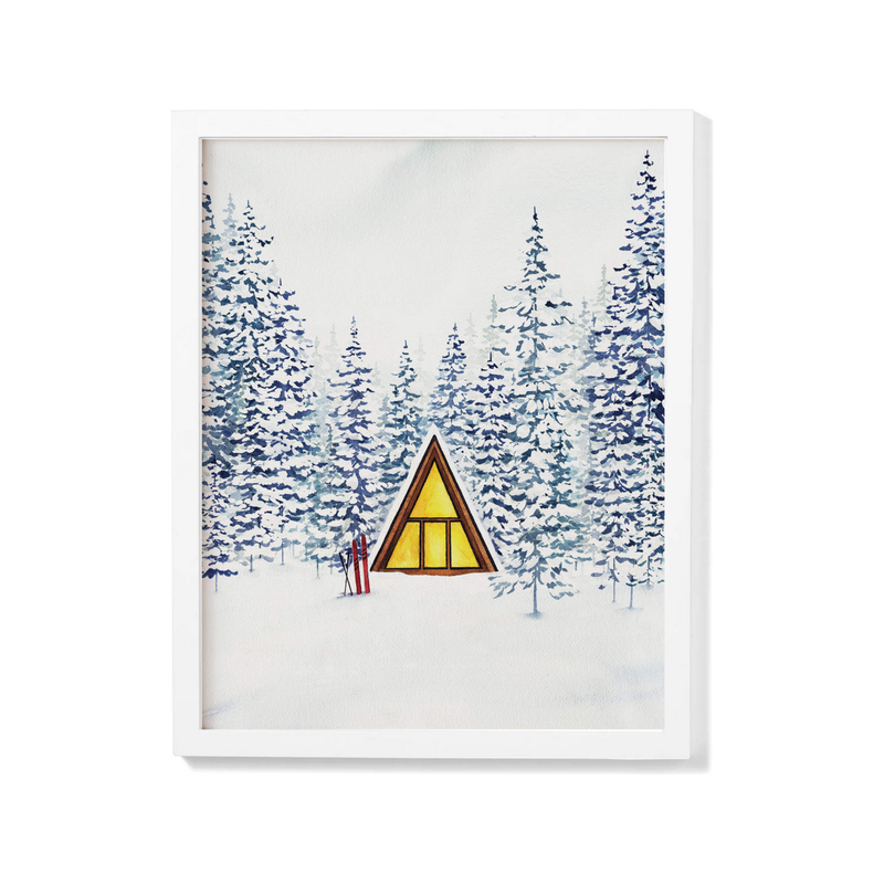 Snowy Cabin A-Frame Watercolour Print