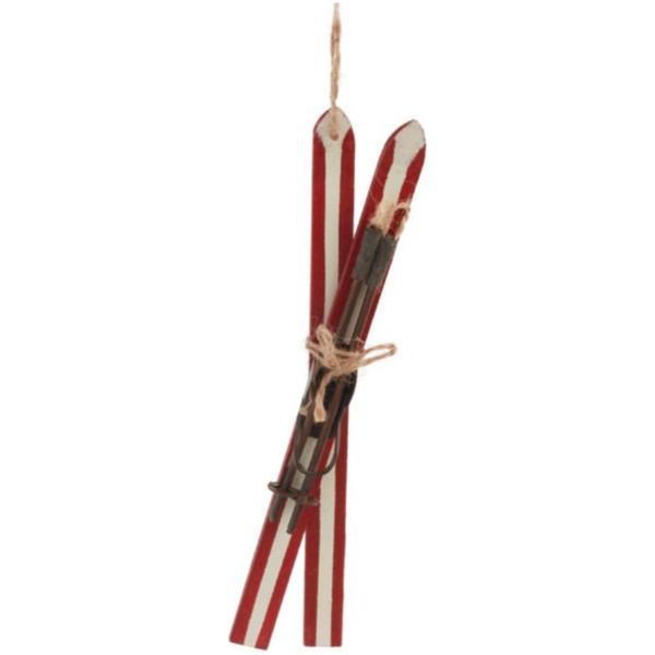 Xmas Ornament Wood Skis Red/White