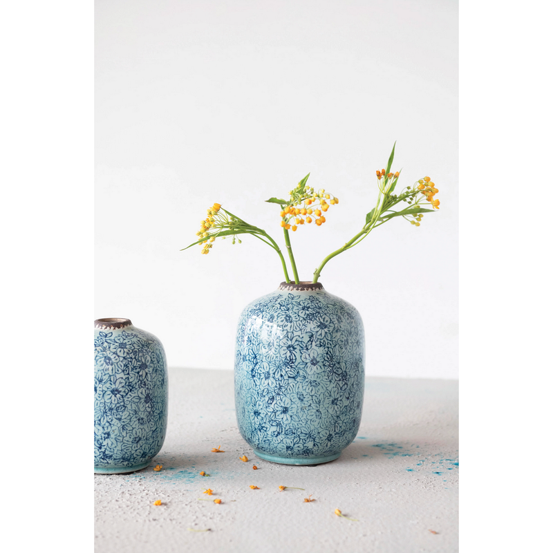 Terra-cotta Vase with Floral Pattern, Distressed Blue