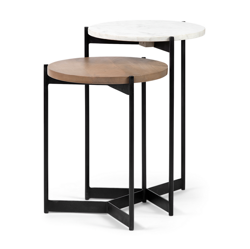 Larkin Nesting End/Side Tables - Marble and Medium Brown Wood Tabletop