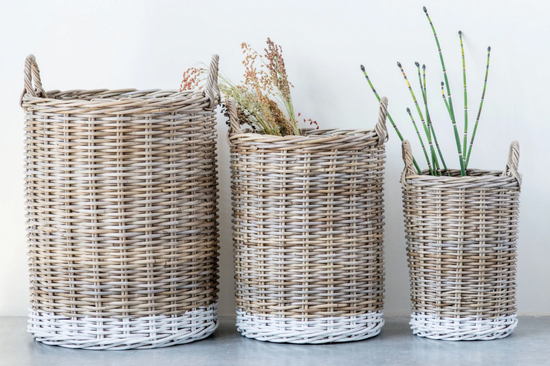 Natural Rattan Baskets w/ Handles, Dipped White