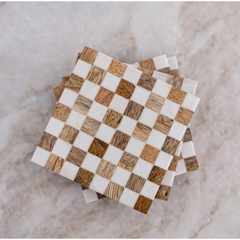 Checkered Wood & Resin Coasters - Set of 4