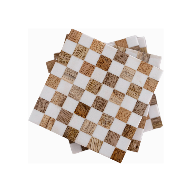 Checkered Wood & Resin Coasters - Set of 4