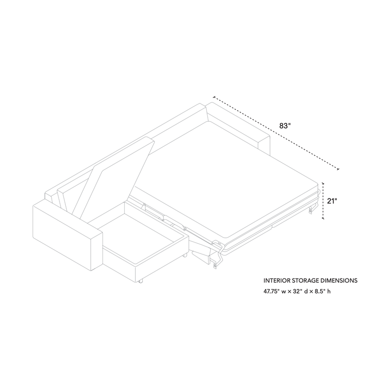 Reva 2 piece sectional Queen sleeper sofa with storage chaise with narrow Arms with Black ash legs in G50 Coda Concrete