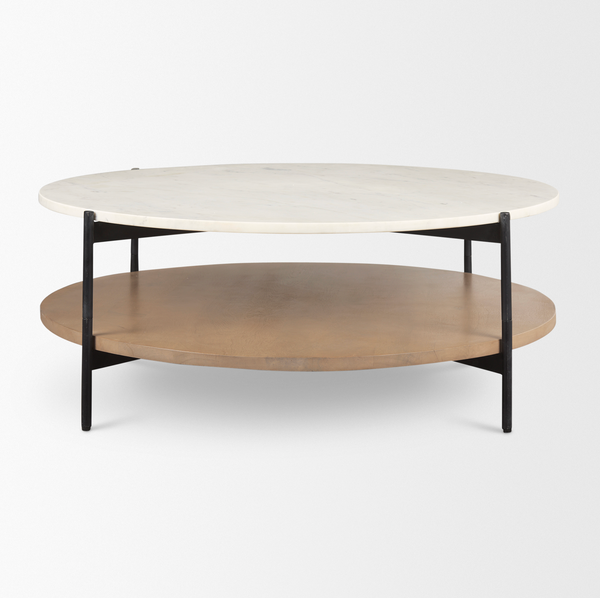 Larkin Round Coffee Table - Marble and Medium Brown Wood