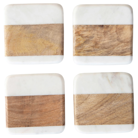 Marble and Acacia Wood Coasters, Set of 4