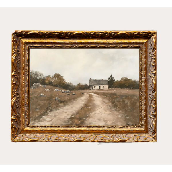 Vintage Farm House French Brass Gold Mould Framed Art 5x7