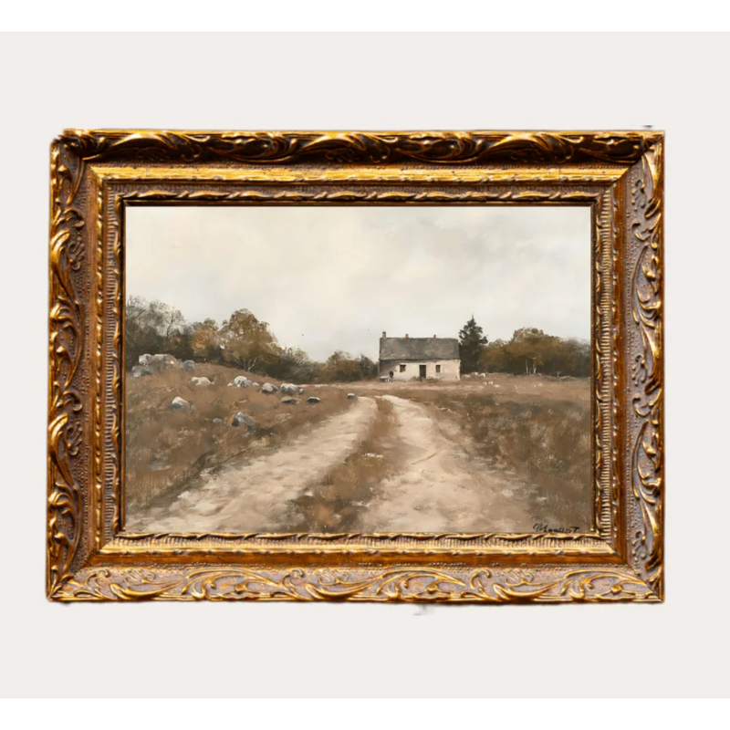 Vintage Farm House French Brass Gold Mould Framed Art 5x7