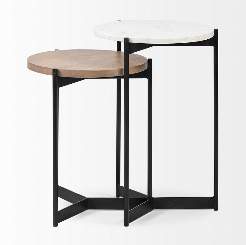 Larkin Nesting End/Side Tables - Marble and Medium Brown Wood Tabletop