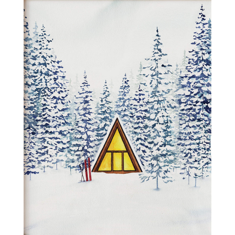 Snowy Cabin A-Frame Watercolour Print