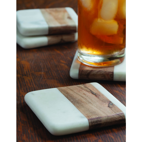 White Marble &amp; Wood Square Coasters, Set of 4