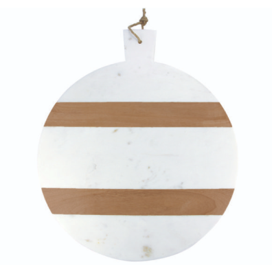 White Marble &amp; Wood Stripe Round Board with Handle, XL