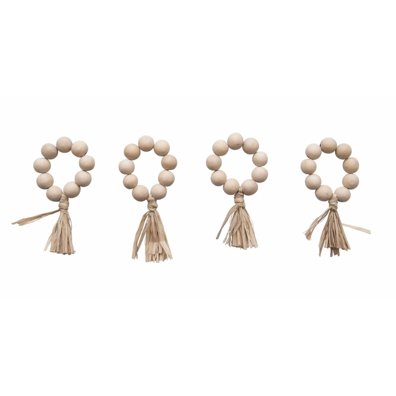 Wood Bead Napkin Rings with Raffia Tassel, Set of 4