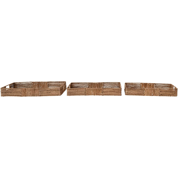 Hand-Woven Decorative Bamboo and Jute Tray, with Handles, Set of 3