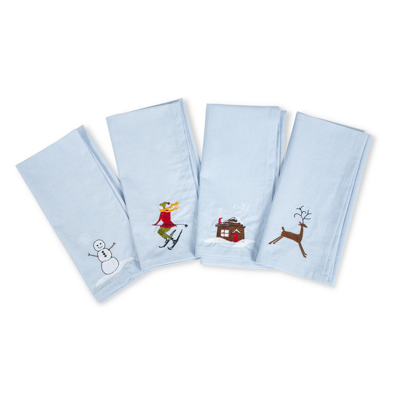 Set of 4 Icon Stitched Napkins Blue Single