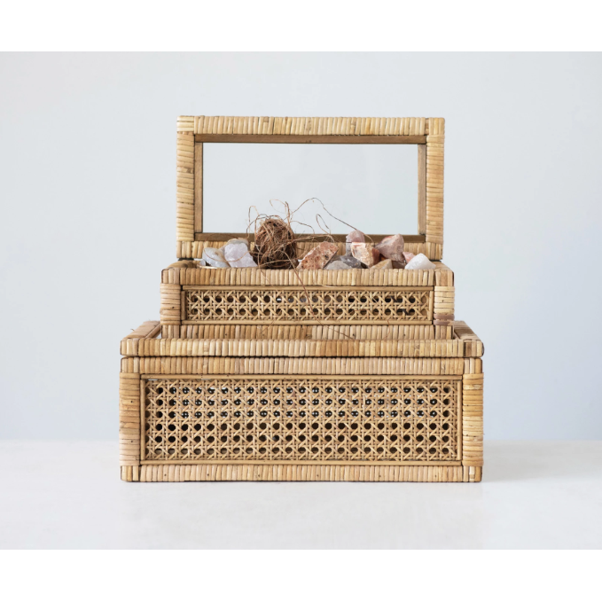 Woven Rattan &amp; Wood Display Boxes w/ Glass Lid, Set of 2