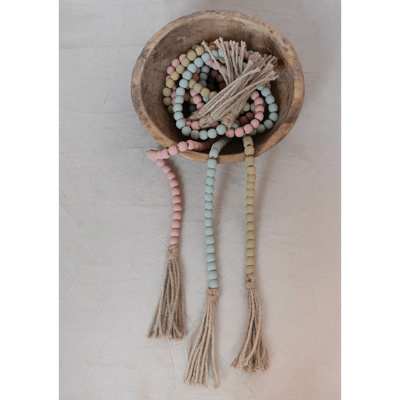 Wood Bead with Jute Tassels, 3 Colors