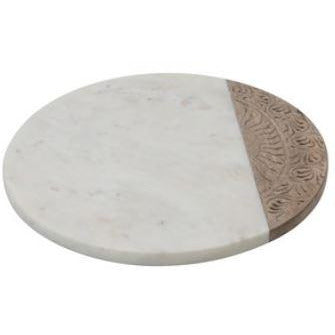 Hand-Carved Mango Wood & Marble Serving Board with Engraved Design