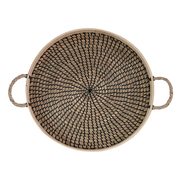 Round Decorative Seagrass &amp; Bamboo Tray w/ Rope Handles, Natural &amp; Black