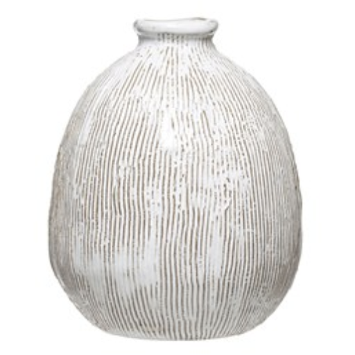 TERRA-COTTA VASE W/ ENGRAVED LINES, WHITE