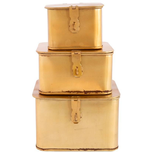 Square Decorative Metal Boxes, Brass Finish, Set of 3