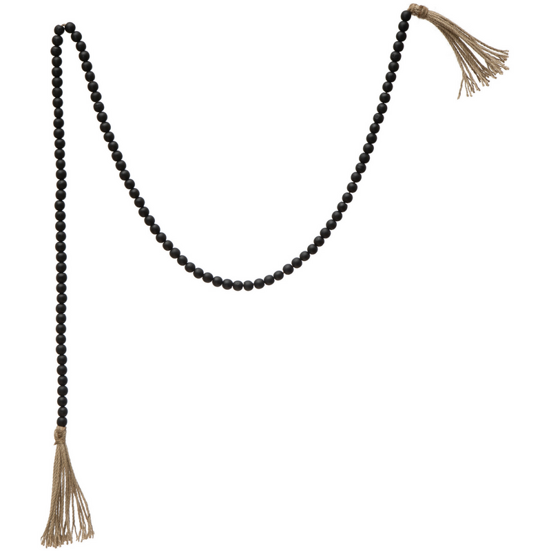 Wood Bead Garland with Jute Tassels, Distressed Black