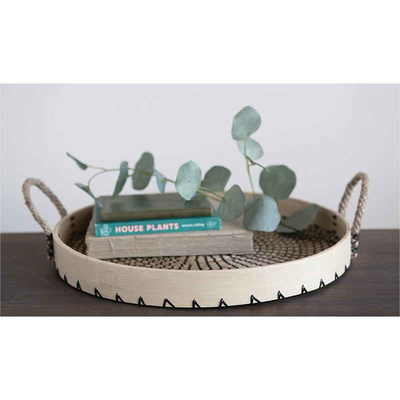 Round Decorative Seagrass &amp; Bamboo Tray w/ Rope Handles, Natural &amp; Black